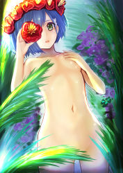 Rule 34 | 10s, 1girl, :o, absurdres, blue hair, breasts, censored, censored nipples, collarbone, convenient censoring, covering privates, covering one breast, cowboy shot, darling in the franxx, day, dutch angle, flower, flower wreath, from below, grass, green eyes, head wreath, hibiscus, highres, holding, holding flower, ichigo (darling in the franxx), leaf, leaf censor, lips, looking at viewer, looking down, navel, nude, open mouth, outdoors, plant, red flower, short hair, small breasts, solo, standing, stomach, tareme, teruru