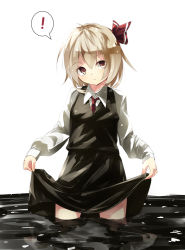 Rule 34 | !, 1girl, black skirt, blonde hair, brown eyes, clothes lift, collared shirt, gorilla (bun0615), hair ribbon, hairband, highres, long sleeves, looking at viewer, necktie, partially submerged, reflection, ribbon, rumia, shirt, short hair, simple background, skirt, skirt lift, solo, standing, touhou, wading, water, white background
