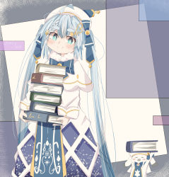 Rule 34 | 1girl, 1other, absurdres, aqua eyes, arms up, bass clef, beret, blue bow, blue hair, blue tabard, book, book stack, bow, bowtie, capelet, carrying overhead, commentary, dress, fortissimo, fur-trimmed capelet, fur trim, gold trim, hair bow, hair ornament, hat, hatsune miku, highres, holding, holding book, light blue hair, long hair, looking at viewer, musical note, musical note hair ornament, rabbit yukine, smile, standing, syare 0603, symbol in eye, tabard, treble clef, twintails, twitter username, very long hair, vocaloid, white capelet, white dress, white headwear, yuki miku, yuki miku (2021)