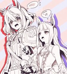 Rule 34 | 2girls, ahoge, asymmetrical bangs, bare shoulders, blunt bangs, commentary, crown, dress, ear ornament, epaulettes, fang, gloves, greyscale with colored background, hanaozi hin, kitasan black (final bloom) (umamusume), kitasan black (umamusume), looking down, mini crown, multiple girls, nontraditional wedding dress, official alternate costume, official alternate hairstyle, open mouth, puff of air, sideways glance, single epaulette, skirt hold, sleeveless, sleeveless dress, speech bubble, spoken blush, spoken expression, sweatdrop, sweep tosho (realize rune) (umamusume), sweep tosho (umamusume), teeth, two side up, umamusume, upper teeth only
