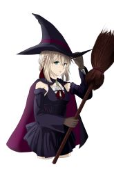 Rule 34 | 1girl, absurdres, black dress, black hat, black sleeves, blue eyes, braid, broom, brown gloves, cape, closed mouth, cowboy shot, cropped legs, detached sleeves, dress, french braid, gloves, hair between eyes, hair ribbon, hat, highres, holding, holding broom, long sleeves, neck ribbon, pleated dress, purple cape, red ribbon, ribbon, short dress, short hair, silver hair, simple background, solo, t.r, violet evergarden, violet evergarden (series), white background, witch, witch hat