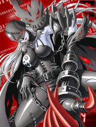 Rule 34 | 1girl, asymmetrical clothes, bat wings, bracelet, breasts, chain, claws, demon, digimon, digimon (creature), digimon collectors, female focus, helmet, jewelry, ladydevimon, large breasts, long hair, lowres, mask, monster girl, official art, pale skin, red eyes, solo, spread legs, stitches, white hair, wings
