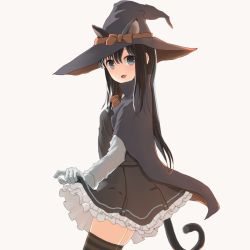 Rule 34 | 1girl, animal ears, asashio (kancolle), backlighting, black cape, black hair, bloom, blue eyes, bow, cape, cat ears, cat girl, cat tail, commentary, dress, ears through headwear, frilled dress, frills, from side, gloves, hat, hat ribbon, high collar, kantai collection, long hair, long sleeves, looking at viewer, looking to the side, neck ribbon, official alternate costume, orange ribbon, pinafore dress, red bow, ribbon, shirt, simple background, skindentation, skirt hold, sleeveless, sleeveless dress, solo, straight hair, striped clothes, striped thighhighs, sunset, tail, thighhighs, usagikoya, white gloves, white shirt, witch, witch hat