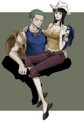 Rule 34 | 1boy, 1girl, backpack, bag, bandana, bandana around arm, bare shoulders, black eyes, black hair, blue bag, blue eyes, blue tank top, blunt bangs, closed mouth, commentary request, full body, goggles, goggles around neck, green hair, hat, highres, long hair, looking at viewer, nico robin, nsgw, official alternate costume, one piece, roronoa zoro, short hair, sitting, sitting on lap, sitting on person, sleeveless, smile, tank top, white hat
