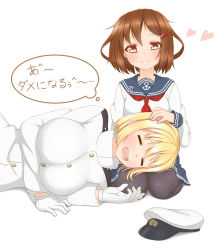 Rule 34 | 10s, 2girls, absurdres, anchor symbol, blonde hair, blush, breasts, brown eyes, brown hair, commentary request, closed eyes, fang, fang out, female admiral (kancolle), gloves, hair ornament, hairclip, hand on another&#039;s head, hat, unworn hat, unworn headwear, heart, highres, ikazuchi (kancolle), kantai collection, kyounami, lap pillow, looking at another, lying, military, military uniform, multiple girls, naval uniform, neckerchief, on side, open mouth, pantyhose, peaked cap, red neckerchief, school uniform, seiza, serafuku, short hair, simple background, sitting, smile, translation request, uniform