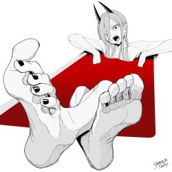Rule 34 | 1girl, absurdres, arm rest, barefoot, bathing, bathtub, chainsaw man, cross-shaped pupils, crosshair pupils, dated, fangs, feet, foot focus, foreshortening, greyscale, hair between eyes, head tilt, highres, horns, long hair, monochrome, nail polish, nude, open mouth, power (chainsaw man), red eyes, ringed eyes, sharp teeth, signature, simple background, soles, solo, spot color, symbol-shaped pupils, teeth, tocky, toenail polish, toenails, toes, white background