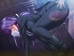 Rule 34 | 1boy, 1girl, all fours, ass, ass grab, black lilith, blush, book, boots, breasts, butler, censored, cervix, clothed sex, doggystyle, eyepatch, feet, formal, game cg, hanging breasts, happy sex, hetero, high heels, kagami hirotaka, large breasts, long hair, looking back, nail polish, onmyou kishi towako, open mouth, orgasm, penetration through clothes, penis, purple hair, pussy juice, saliva, sex, sex from behind, shiki reika, smile, sweat, through clothes, vaginal, x-ray, yellow eyes