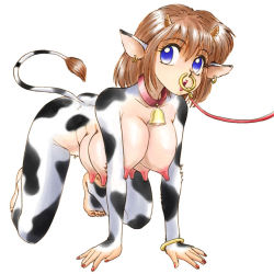 Rule 34 | animal ears, artist request, bell, blue eyes, breasts, collar, cow girl, cowbell, extra breasts, horns, huge nipples, large breasts, leash, nose leash, nose piercing, nose ring, piercing, nose ring, tail
