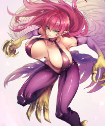 Rule 34 | 1girl, animal feet, animal hands, bare shoulders, bouncing breasts, breasts, claws, cleavage, colored skin, duel monster, feathered wings, gradient skin, green eyes, harpie lady, harpie lady 1, harpy, highres, large breasts, monster girl, pantyhose, parted lips, purple skin, red hair, revealing clothes, shouma (bravespiritya), slingshot swimsuit, solo, standing, standing on one leg, swimsuit, unaligned breasts, winged arms, wings, yu-gi-oh!