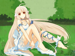 Rule 34 | 1girl, ankle bow, ankle ribbon, arm ribbon, bare shoulders, barefoot, blonde hair, blue butterfly, blue ribbon, bow, brown eyes, bug, butterfly, butterfly on knee, chii, chobits, closed mouth, dress, grass, highres, insect, leg ribbon, long hair, looking at viewer, low-tied sidelocks, mantafriend, own hands together, ribbon, robot ears, sitting, sleeveless, sleeveless dress, smile, solo, very long hair, white bow, white dress