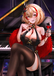 Rule 34 | 1girl, :d, azur lane, bare shoulders, black dress, black thighhighs, blonde hair, bracelet, breasts, chushou wang, cleavage, collarbone, crossed legs, cup, dress, drinking glass, feather boa, hair between eyes, hair ornament, highres, holding, holding cup, instrument, jewelry, large breasts, light blush, looking at viewer, multicolored hair, multiple rings, nail polish, open mouth, piano, red hair, red nails, red wine, ring, roon (azur lane), roon (viridescent lullaby) (azur lane), short dress, short hair, sitting, sleeveless, sleeveless dress, smile, solo, streaked hair, thighhighs, two-tone hair, wine, wine glass, yellow eyes