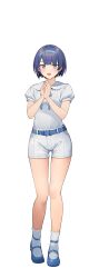 Rule 34 | 1girl, absurdres, belt, belt buckle, blue belt, blue eyes, blue footwear, blue hair, blue hairband, blue ribbon, blunt bangs, blush, buckle, cevio, collared shirt, commentary request, dot nose, full body, hairband, highres, looking at viewer, mary janes, neck ribbon, open mouth, own hands together, psd available, puffy short sleeves, puffy sleeves, ribbon, shirinda fureiru, shirt, shirt tucked in, shoes, short hair, short shorts, short sleeves, shorts, simple background, socks, solo, standing, straight-on, suzuki tsudumi, tachi-e, transparent background, variant set, white shorts, white socks