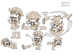 Rule 34 | 1girl, apple seal, boots, breakdance, flexible, hat, instrument, lying, mouth harp, multiple views, musical note, pointing, raincoat, sepia, short hair, skullgirls, snapping fingers, solo, spread legs, umbrella (skullgirls), upside-down, white background