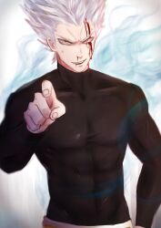 Rule 34 | 1boy, abs, absurdres, black shirt, blood, blood on face, commentary request, garou (one-punch man), grey eyes, highres, hyakki non, injury, long sleeves, looking at viewer, male focus, one-punch man, open mouth, pointy hair, shirt, smile, solo, spiked hair, teeth, yellow eyes