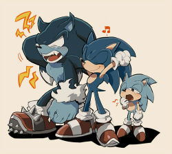 Rule 34 | aoki (fumomo), bad id, bad pixiv id, furry, furry male, gloves, male focus, multiple persona, musical note, shoes, simple background, sleepy, sneakers, sonic (series), sonic generations, sonic the hedgehog, sonic the hedgehog (classic), sonic unleashed, stretching, werehog, yawning