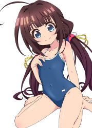 Rule 34 | 10s, ahoge, arm behind back, barefoot, blue eyes, blue one-piece swimsuit, brown hair, cameltoe, commentary request, covered navel, feet, flat chest, hand on own chest, highres, hinatsuru ai, hokoro, long hair, low twintails, one-piece swimsuit, ryuuou no oshigoto!, school swimsuit, simple background, sitting, smile, solo, swimsuit, toes, twintails, very long hair, white background