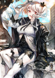 Rule 34 | 1girl, :d, arcaea, beer can, breasts, can, coat, dress, drink can, garter straps, highres, ilith (arcaea), looking at viewer, open mouth, red eyes, silver hair, sitting, smile, solo, thighhighs, toro3, twintails, white thighhighs