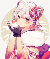 Rule 34 | 1girl, achiki, black gloves, branch, commentary, floral print, fur collar, gloves, gradient hair, hair ornament, hair ribbon, hair rings, hands up, japanese clothes, kanzashi, kimono, looking at viewer, mouse (animal), multicolored hair, original, red eyes, ribbon, short hair, silver hair, smile, solo, upper body, wide sleeves, yukata