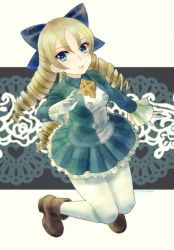 Rule 34 | 1girl, alice elliot, amenoimo, blonde hair, blue eyes, bow, breasts, character request, closed mouth, cosplay, dated, dress, full body, gloves, hair bow, highres, long hair, looking at viewer, pantyhose, shadow hearts, skirt, smile, solo, thighhighs, white pantyhose, white thighhighs