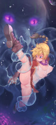 Rule 34 | 1girl, absurdres, blonde hair, blue eyes, boots, braid, braided ponytail, cheek bulge, chrono cross, clothes lift, floating hair, gloves, highres, jewelry, kid (chrono cross), midriff, necklace, nipples, octopus, panties, red ribbon, restrained, ribbon, rou (rou22), see-through, shirt, skirt, skirt lift, spread legs, tentacles, underwater, underwear, white shirt
