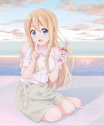 Rule 34 | 1girl, bare shoulders, blonde hair, blue eyes, blue sky, blush, clothing cutout, cloud, commentary request, cream, cup, day, dessert, dresstrip, eyebrows hidden by hair, feet, food, food on hand, full body, green skirt, holding, holding food, k-on!, kotobuki tsumugi, long hair, looking at viewer, open mouth, outdoors, round teeth, shadow, shirt, short sleeves, shoulder cutout, sidelocks, sitting, skirt, sky, smile, solo, teeth, thick eyebrows, upper teeth only, white shirt, yokozuwari