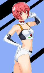 Rule 34 | 1girl, ayanami rei (cosplay), bad id, bad pixiv id, blush, breasts, cosplay, detached collar, elbow gloves, gloves, kamia (not found), kasuga aya, looking at viewer, neon genesis evangelion, original, race queen, red eyes, red hair, short hair, small breasts, solo