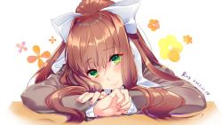Rule 34 | 1girl, aki663, blouse, bow, brown hair, closed mouth, dated, desk, doki doki literature club, flower, green eyes, hair between eyes, long hair, looking at viewer, monika (doki doki literature club), school desk, shirt, simple background, solo, very long hair, white background, white shirt
