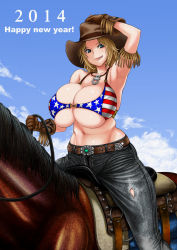Rule 34 | 10s, 1girl, 2014, :p, :q, abs, american flag bikini, american flag print, arm up, armpits, bikini, blonde hair, blue eyes, bokkori, breasts, chinese zodiac, cowboy hat, cowboy western, dead or alive, denim, flag print, fringe trim, gloves, happy new year, hat, highres, horse, horse (chinese zodiac), horseback riding, horseshoe, huge breasts, jeans, jewelry, navel, necklace, new year, pants, print bikini, riding, short hair, solo, swimsuit, tina armstrong, tongue, tongue out
