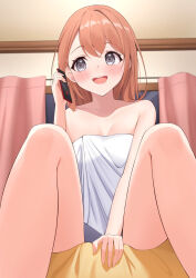 Rule 34 | 1girl, bare shoulders, breasts, brown hair, cellphone, charl2837, collarbone, commentary request, from below, grey eyes, hanasato minori, highres, holding, holding phone, indoors, medium hair, naked towel, night, open mouth, phone, project sekai, sitting, small breasts, smartphone, smile, solo, teeth, towel, upper teeth only, white towel
