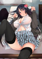 Rule 34 | 1girl, black hair, black thighhighs, breasts, cardigan, classroom, covered erect nipples, flower, hair flower, hair ornament, hand in own hair, highres, ichiko (ichi), large breasts, leg up, looking at viewer, lying, navel, no bra, on back, on table, open cardigan, open clothes, open mouth, original, school, skirt, solo, table, thighhighs, unbuttoned, whiteboard