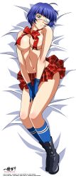 Rule 34 | 00s, 1girl, absurdres, ahoge, ankle boots, bed sheet, between legs, blue gloves, blue hair, blue socks, blunt bangs, blush, body blush, boots, bow, bowtie, breasts, buckle, cleavage, convenient censoring, copyright name, covered erect nipples, dakimakura (medium), dated, eyepatch, full body, gloves, green eyes, hand between legs, head tilt, highres, ikkitousen, ikkitousen dragon destiny, indoors, kneehighs, large breasts, light smile, logo, long image, looking at viewer, lying, miniskirt, navel, neck ribbon, official art, on back, plaid, plaid skirt, pleated skirt, red skirt, ribbon, rin-sin, ryomou shimei, short hair, skirt, socks, solo, tall image, topless, underboob, v arms, vector trace