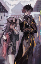 Rule 34 | 1boy, 1girl, black gloves, black headwear, brown coat, brown hair, brown shorts, coat, commentary request, flower-shaped pupils, food, food in mouth, genshin impact, gloves, hair between eyes, hand on own chin, highres, holding, holding food, hu tao (genshin impact), inaeda kei, light blush, long coat, long hair, long sleeves, looking at viewer, looking down, outdoors, red eyes, short hair, shorts, standing, symbol-shaped pupils, thinking, yellow eyes, zhongli (genshin impact)