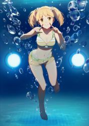 Rule 34 | 1girl, 3four, air bubble, barefoot, bikini, bikini shorts, blonde hair, breasts, breath, bubble, cleavage, closed mouth, collarbone, flower, freediving, full body, green eyes, hair flower, hair ornament, head tilt, legs, navel, pointing, pointing at self, pool, sakura trick, shorts, smile, solo, sonoda yuu, striped bikini, striped clothes, swimming, swimsuit, twintails, underwater