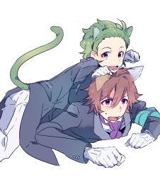 Rule 34 | 10s, 2boys, amagase touma, animal ears, armband, brown eyes, brown hair, cat ears, cat tail, dogpile, gloves, green eyes, green hair, idolmaster, idolmaster side-m, kemonomimi mode, looking at viewer, mitarai shouta, multiple boys, namco namja town, open mouth, paw pose, reo (pixiv 1466910), simple background, tail, white background, white gloves