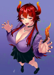 Rule 34 | 1girl, black choker, black footwear, black skirt, black socks, breasts, choker, claw pose, cleavage, collarbone, collared shirt, dark red hair, dola (7th costume) (nijisanji), dola (nijisanji), dola (nijisanji) (7th costume), dragon girl, dragon horns, dragon tail, fangs, fingernails, from above, gradient horns, heart pendant, horns, huge breasts, jewelry, long hair, looking at viewer, maruyama rui, lava, multicolored horns, nail polish, nijisanji, open clothes, open mouth, open shirt, partially unbuttoned, pendant, purple nails, purple shirt, red eyes, red hair, seductive smile, shirt, signature, simple background, skirt, smile, socks, solo, standing, tail, tongue, tongue out, unbuttoned, unbuttoned shirt, very long hair, virtual youtuber