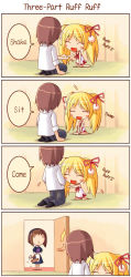 Rule 34 | 1boy, 2girls, 4koma, :d, :|, ^^^, ^ ^, blonde hair, blush stickers, bow, brown hair, caught, chibi, closed eyes, closed mouth, comic, cynthia curio, dress, closed eyes, hair bow, hairband, hard-translated, maid, multiple girls, o o, open mouth, sexually suggestive, shigatake, short dress, sincere, smile, surprised, third-party edit, translated, twintails, walk-in, yashiro seo