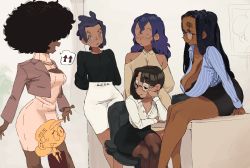 Rule 34 | 6+girls, absurdres, adri (whoopsatro), afro, ava (whoopsatro), black hair, black necktie, black shirt, black skirt, blue hair, blue shirt, breasts, chair, character request, cleavage, dark-skinned female, dark skin, dress, feet out of frame, freckles, gigi (whoopsatro), glasses, hair over eyes, highres, jewelry, large breasts, long hair, long sleeves, medium breasts, multiple girls, necklace, necktie, original, pantyhose, pink dress, profile, round eyewear, shadow, shirt, sitting, sitting on table, skirt, speech bubble, striped clothes, striped shirt, turtleneck, turtleneck dress, viv (whoopsatro), white shirt, white skirt, whoopsatro