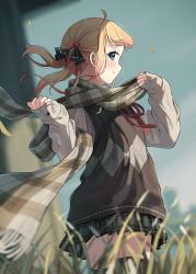 1girl ahoge argyle_clothes black_ribbon black_thighhighs blonde_hair blue_eyes blurry blurry_background blush closed_mouth commentary_request depth_of_field enuni grey_shirt grey_skirt hair_bobbles hair_ornament hair_ribbon hands_up highres hoshino_sora_(enuni) long_sleeves neck_ribbon original plaid_clothes plaid_skirt pleated_skirt profile puffy_long_sleeves puffy_sleeves red_ribbon ribbon shirt skirt sleeves_past_wrists smile solo standing sweater_vest thighhighs twintails