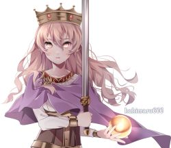 Rule 34 | 1girl, alternate costume, blonde hair, brown eyes, collarbone, corset, crown, greco-roman clothes, kantai collection, kukimaru, long hair, looking at viewer, orb, roman clothes, shawl, simple background, solo, sword, twitter username, wavy hair, weapon, white background, zara (kancolle)