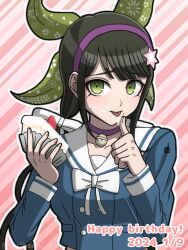 Rule 34 | 1girl, bell, bow, bowtie, breasts, brown hair, buttons, cake, chabashira tenko, choker, danganronpa (series), danganronpa v3: killing harmony, dated, double-breasted, food, fruit, green eyes, hair ribbon, hand up, happy birthday, holding, holding food, large breasts, long hair, neck bell, pink background, pink choker, ribbon, sailor collar, smile, solo, strawberry, striped, striped background, suiren yurei, upper body, white background, white bow, white bowtie, white ribbon, white sailor collar