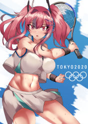 Rule 34 | 1girl, 2020 summer olympics, azur lane, bare shoulders, blue background, bralines, breasts, bremerton (azur lane), bremerton (scorching-hot training) (azur lane), collared shirt, commentary, cowboy shot, crop top, crop top overhang, green skirt, grey hair, groin, hair between eyes, hair intakes, hair ornament, hairclip, highres, holding, holding racket, large breasts, long hair, looking at viewer, midriff, multicolored hair, navel, no mole, official alternate costume, olympics, open mouth, pink eyes, pink hair, purplecat, racket, shirt, sidelocks, skirt, sleeveless, sleeveless shirt, solo, sportswear, standing, streaked hair, sweat, tennis, tennis racket, tennis uniform, twintails, two-tone background, two-tone hair, two-tone shirt, two-tone skirt, white background, white shirt, white skirt, wristband, x hair ornament