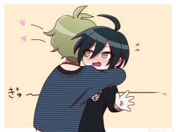 Rule 34 | 2boys, ahoge, amami rantaro, antenna hair, black hair, border, brown background, brown eyes, danganronpa (series), danganronpa v3: killing harmony, flying sweatdrops, from behind, green hair, hands up, heart, highres, hug, jacket, jewelry, long sleeves, looking at another, male focus, multiple boys, necklace, saihara shuichi, shirt, short hair, striped clothes, striped jacket, striped shirt, suiren yurei, translation request, unmoving pattern, upper body, white border, yaoi