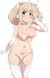 Rule 34 | 1girl, absurdres, ahoge, bare shoulders, bikini, blonde hair, blush, breasts, choker, cleavage, closed mouth, collarbone, elbow gloves, gloves, green eyes, highres, idolmaster, idolmaster cinderella girls, large breasts, licking lips, long hair, looking at viewer, micro bikini, navel, one side up, sato shin, seihekiog, shiny skin, side-tie bikini bottom, simple background, smile, swimsuit, thighhighs, thighs, tongue, tongue out, twintails, white background, white bikini, white choker, white gloves, white thighhighs