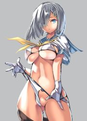 Rule 34 | 10s, 1girl, bikini, blue eyes, breasts, clothes pull, coffee cat, female focus, gloves, hair ornament, hair over one eye, hairclip, hamakaze (kancolle), jpeg artifacts, kantai collection, large breasts, navel, pantyhose, pantyhose pull, partially visible vulva, school uniform, serafuku, short hair, silver hair, simple background, solo, swimsuit, underboob