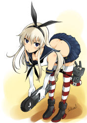 Rule 34 | 10s, 1girl, anger vein, bent over, black panties, blonde hair, blue eyes, blush, gloves, gun, hair ribbon, hairband, highres, kantai collection, kuboshun, lifebuoy, long hair, looking at viewer, miniskirt, open mouth, panties, panty pull, personification, pouty lips, rensouhou-chan, ribbon, school uniform, shimakaze (kancolle), skirt, solo, striped clothes, striped thighhighs, swim ring, thighhighs, torpedo, underwear, weapon
