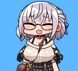Rule 34 | 1girl, ^ ^, bag, between breasts, black skirt, blue background, blush, braid, breasts, brown-framed eyewear, cleavage, closed eyes, facing viewer, glasses, hololive, kanikama, large breasts, lowres, off-shoulder sweater, off shoulder, puffy short sleeves, puffy sleeves, shirogane noel, shirogane noel (casual), short sleeves, shoulder bag, silver hair, simple background, skirt, solo, strap between breasts, sweater, upper body, virtual youtuber, white sweater