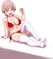 Rule 34 | 1girl, bikini, bra, breasts, fang, highres, kamisuki, large breasts, looking at viewer, muffin top, open mouth, panties, pink hair, red eyes, short hair, sitting, smile, solo, string bikini, string panties, swimsuit, thick thighs, thighhighs, thighs, underwear, yen sign