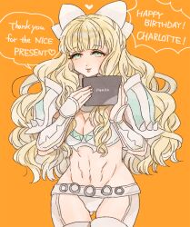 Rule 34 | 1girl, armor, blonde hair, blue hair, blunt bangs, bow, breasts, charlotte (fire emblem), cleavage, fire emblem, fire emblem fates, gluteal fold, hair bow, happy birthday, large breasts, long hair, navel, nintendo, shoulder armor, shourou kanna, white bow