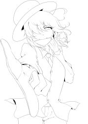 Rule 34 | 1girl, absurdres, bad id, bad pixiv id, dress shirt, flower, flower in mouth, foreshortening, formal, gloves, greyscale, hair over one eye, hat, highres, kazami yuuka, lineart, looking at viewer, mattari yufi, monochrome, mouth hold, necktie, pant suit, pants, pointing, rose, shirt, short hair, solo, suit, touhou, vest