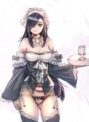 Rule 34 | 1girl, arm up, bare shoulders, black hair, bodice, bow, bow (bhp), breasts, cleavage, collar, detached sleeves, frilled collar, frills, glass, green eyes, hair over one eye, heart, holding, holding tray, large breasts, long hair, long sleeves, maid, maid headdress, original, panties, side-tie panties, simple background, smile, solo, swept bangs, thighhighs, thighs, tray, underwear, very long hair, white background